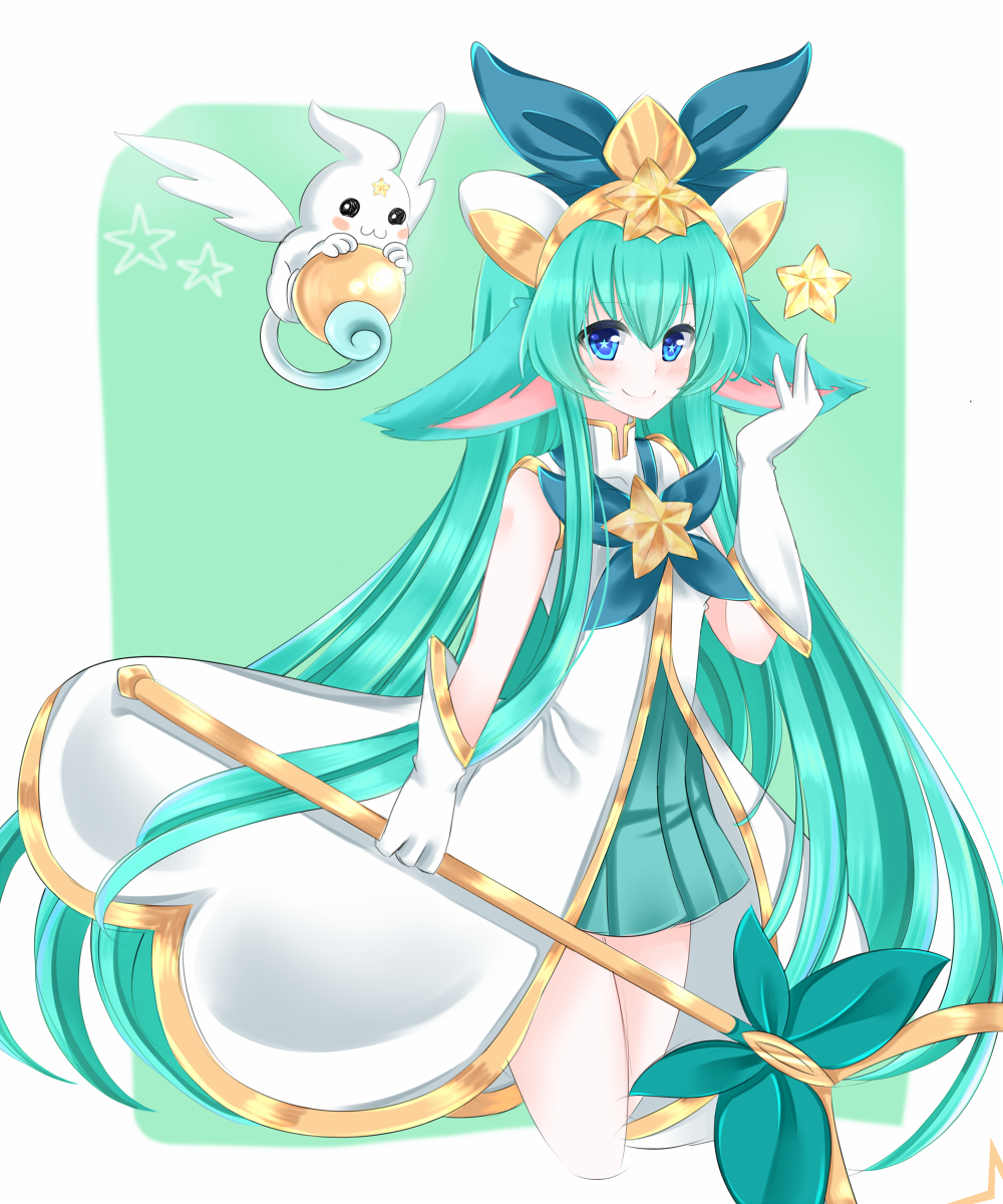 1girl, animal_ears, blue_eyes, gloves, green_hair, headdress, league_of_legends, long_hair