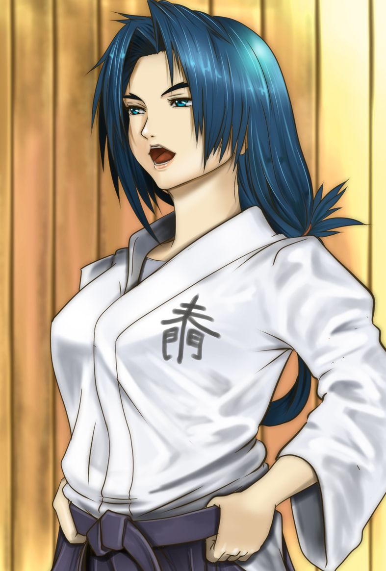 1girl, blue_eyes, blue_hair, breasts, dojo, female, future_card_buddyfight, japanese_clothes