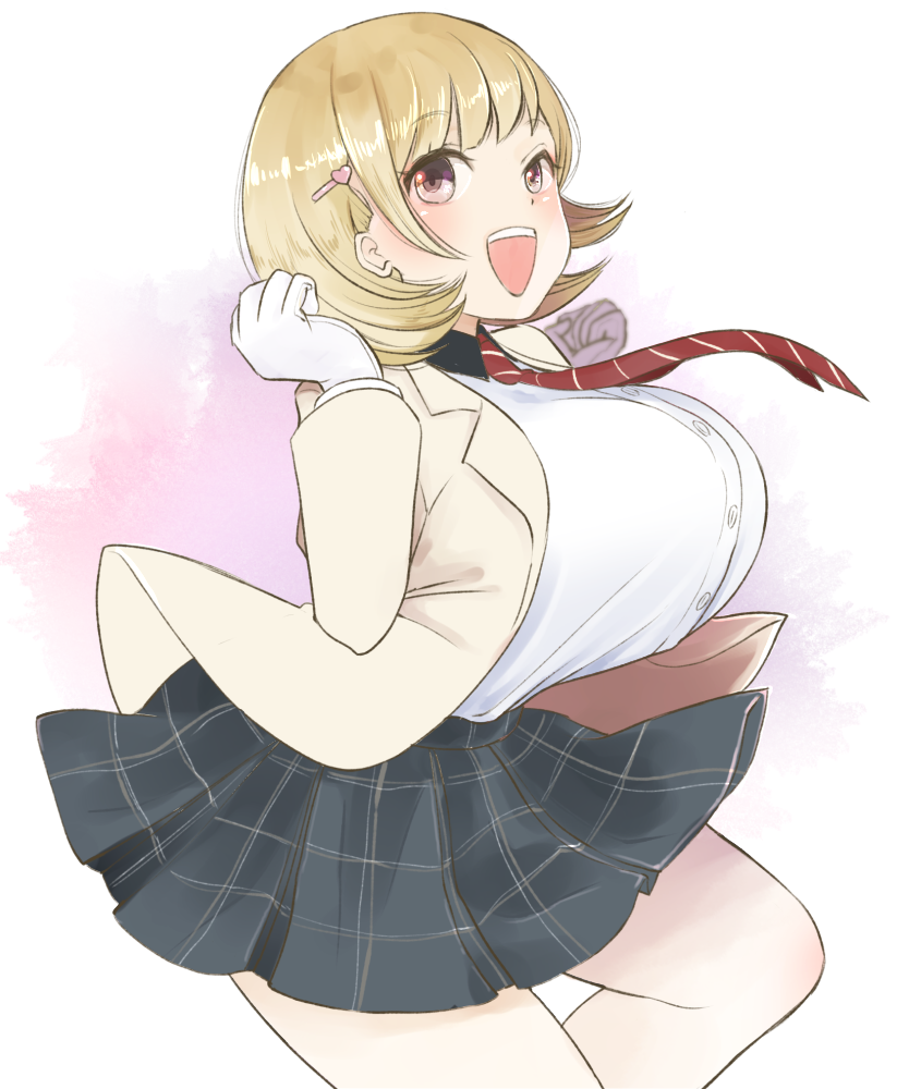 1girl, breasts, brown_eyes, brown_hair, cleavage, gloves, hair_ornament, hairclip, heart_hair_ornament, huge_breasts, narusawa_ryouka, necktie, occultic;nine, open_mouth, plaid, plaid_skirt, ringo_tou_hachimitsu, short_hair, skirt, smile, solo, striped, striped_necktie, thighs, white_gloves