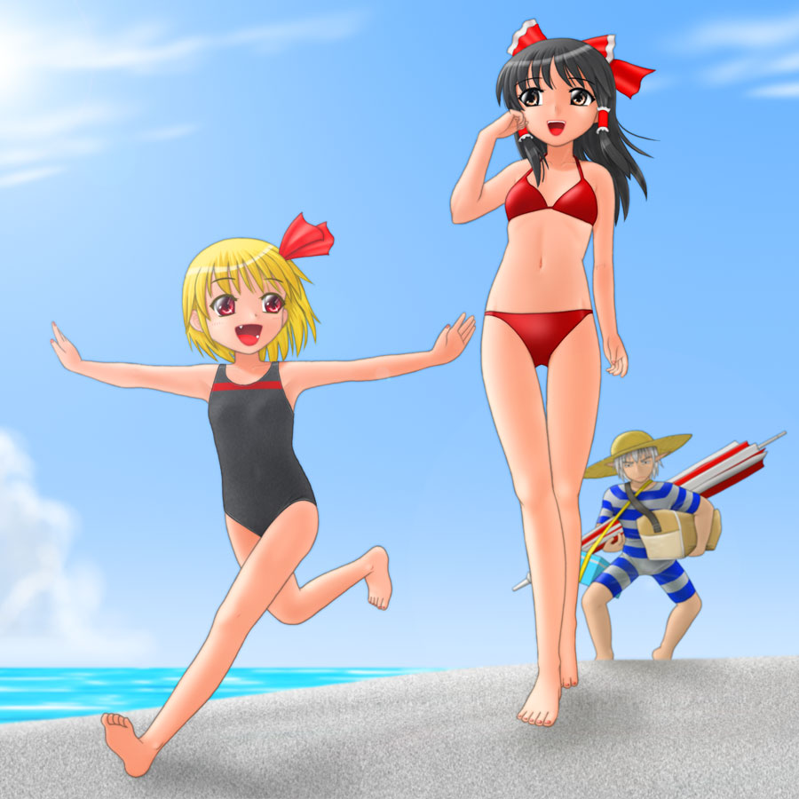 beach, bikini, black_hair, blonde_hair, brown_eyes, buront, child, feet