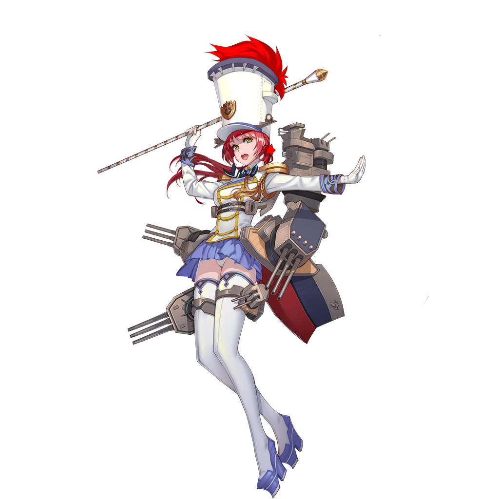 1girl, :d, aiguillette, baltimore_(zhan_jian_shao_nyu), baton, baton_(instrument), blue_skirt, boots, breasts, buttons, cannon, double-breasted, emblem, epaulettes, full_body, gloves, green_eyes, hair_ornament, hat, jacket, long_sleeves, looking_at_viewer, machinery, official_art, open_mouth, outstretched_arm, panties, pantyshot, platform_footwear, pleated_skirt, plume, ponytail, redhead, shako_cap, skirt, smile, solo, star, star_hair_ornament, teeth, thigh-highs, thigh_boots, thigh_strap, transparent_background, turret, underwear, white_gloves, white_hat, white_jacket, white_legwear, white_panties, zhan_jian_shao_nyu