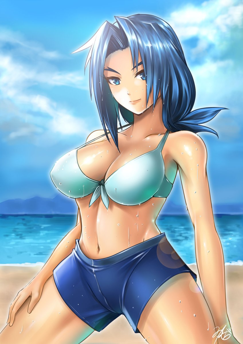 1girl, beach, bikini, bikini_top, blue_eyes, blue_hair, breasts, female, future_card_buddyfight, large_breasts, lipstick, migao, mikado_suzumi, milf, mother, no_bra, smile, solo, sweat, swimsuit, tanned