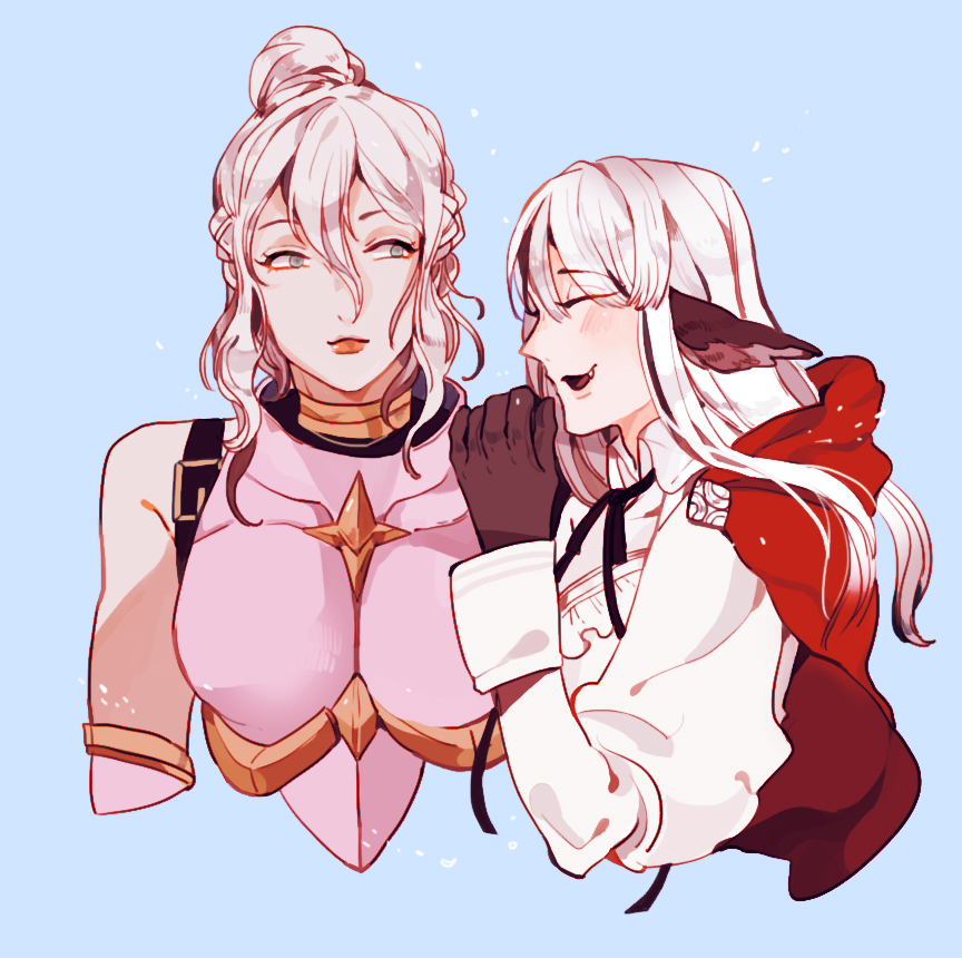 2girls, animal_ears, armor, blue_background, blush, capelet, closed_eyes, duckhymn