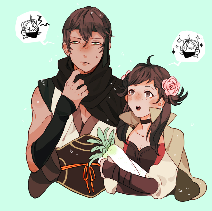 1girl, 2boys, aqua_background, brown_eyes, brown_hair, capelet, duckhymn, fire_emblem