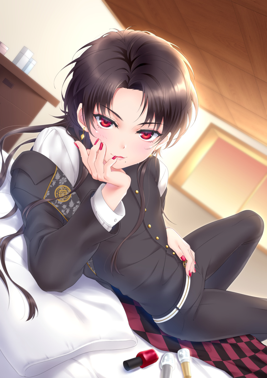 1boy, blush, brown_hair, checkered, come_hither, dutch_angle, earrings, eyebrows