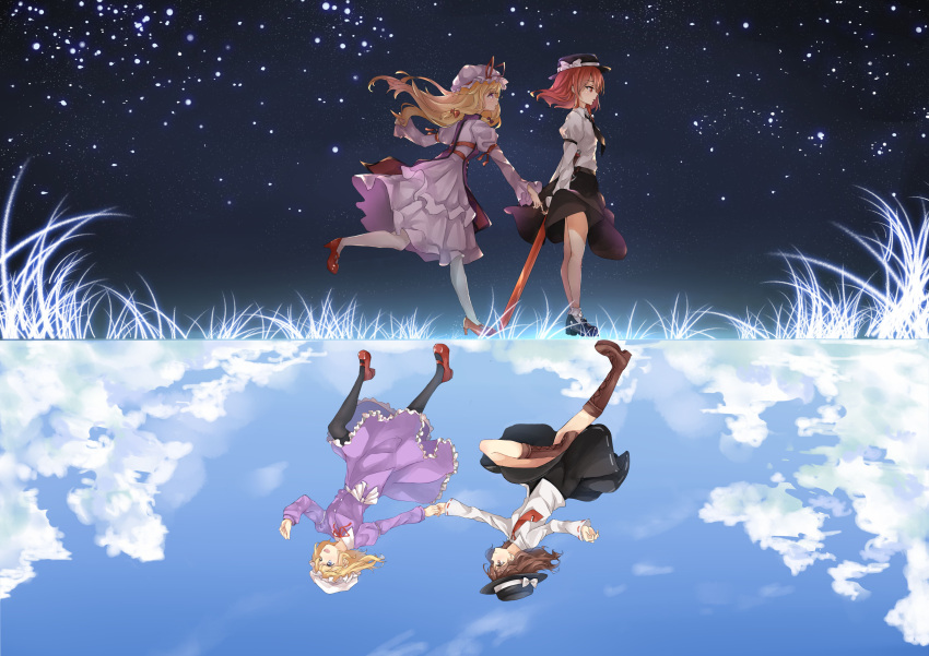 3girls, absurdres, blonde_hair, brown_hair, dango_(dangowalolicon), different_reflection, dress, hand_holding