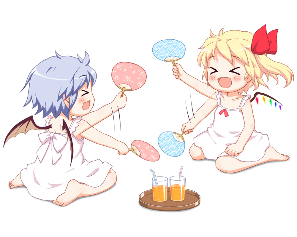 >_<, 2girls, :d, barefoot, bat_wings, bebeneko, blonde_hair, blue_hair