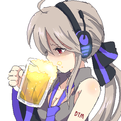 beer, conago, drinking, long_hair, lowres, oekaki, ponytail, red_eyes, ribbon, silver_hair, solo, vocaloid, voyakiloid, yowane_haku