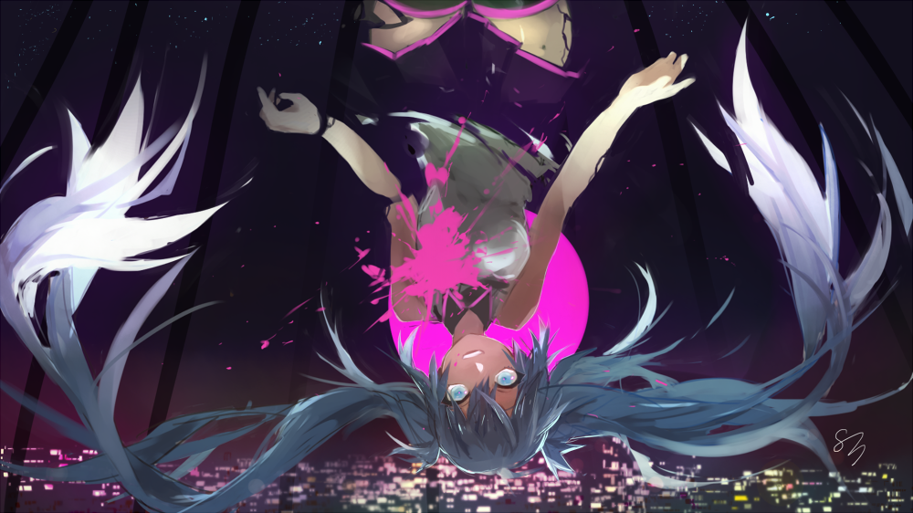 1girl, alternate_color, aqua_eyes, aqua_hair, bangs, blood, blood_splatter, boots, breasts, city, dissolving, falling, hassan_(sink916), hatsune_miku, iiya_(vocaloid), long_hair, medium_breasts, moon, night, open_mouth, pink_blood, pink_moon, pleated_skirt, shirt, signature, skirt, skyline, sleeveless, sleeveless_shirt, solo, star_(sky), teeth, thigh-highs, thigh_boots, twintails, very_long_hair, vocaloid, zettai_ryouiki