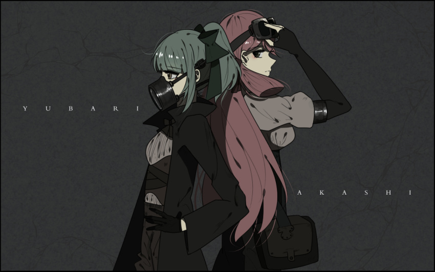 2girls, akashi_(kantai_collection), alternate_costume, black_gloves, brown_eyes, elbow_gloves, fingerless_gloves, gas_mask