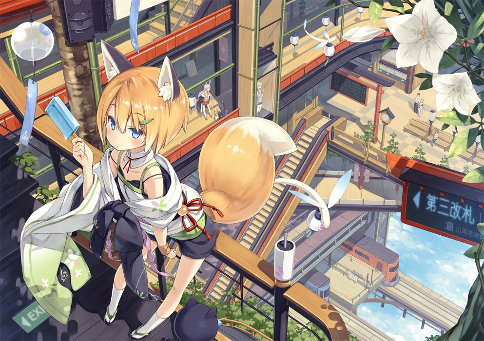 1girl, animal_ears, bare_shoulders, bench, blonde_hair, blue_eyes, blush, clock