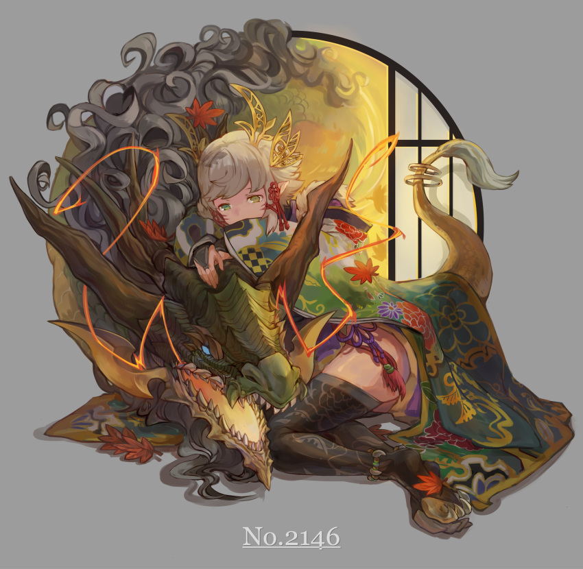 1girl, absurdres, anklet, bridal_gauntlets, brown_hair, claws, dragon, dragon_girl, dragon_tail, einri, facial_mark, green_eyes, heterochromia, highres, horai_(p&amp;d), horns, japanese_clothes, jewelry, kaede_(p&amp;d), kimono, leaf, pointy_ears, puzzle_&amp;_dragons, short_hair, tail, thigh-highs