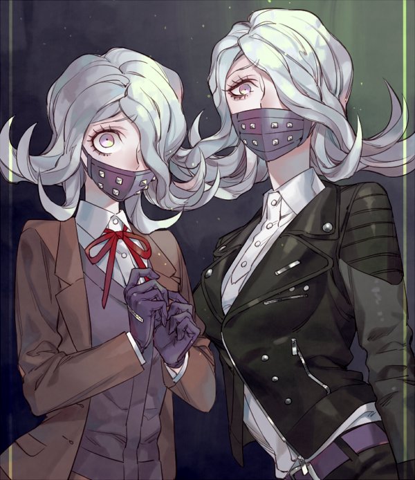 2girls, black_gloves, blazer, constricted_pupils, dangan_ronpa, dangan_ronpa_3, dual_persona, flipped_hair