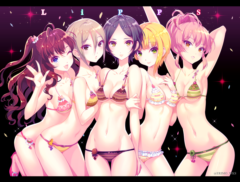 5girls, arm_up, armpits, bangs, bikini, black_hair, blonde_hair, blue_eyes