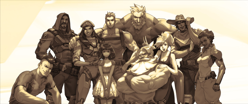 4girls, 6+boys, absurdres, alpha_gamboa, ana_(overwatch), artist_request, beard, blackwatch_reyes, breasts, character_request, crossed_arms, dress, everyone, facial_hair, gradient, gradient_background, grin, hand_on_another's_shoulder, hat, height_difference, high_ponytail, highres, hood, leaning_forward, long_hair, looking_at_viewer, mccree_(overwatch), mercy_(overwatch), monochrome, mother_and_daughter, multiple_boys, multiple_girls, muscle, official_art, open_mouth, overwatch, pharah_(overwatch), reaper_(overwatch), reinhardt_(overwatch), sepia, sleeveless, smile, soldier:_76_(overwatch), standing, tank_top, torbjorn_(overwatch), v, white_background, younger