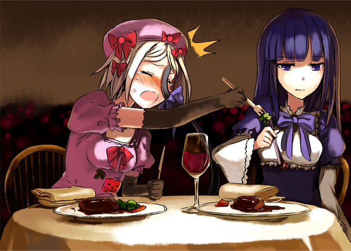 2girls, blonde_hair, blue_eyes, blue_hair, blush, broccoli, broccoli_(vegetable), cat_tail