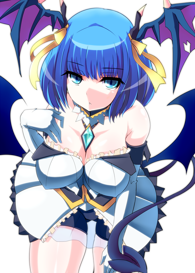 1girl, :o, bare_shoulders, blue_eyes, blue_hair, breasts, cleavage, demon_girl
