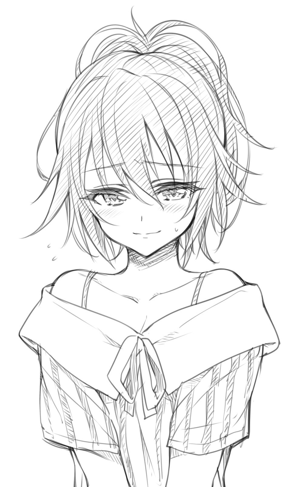 1girl, bare_shoulders, blush, breasts, cleavage, closed_mouth, collarbone, eyebrows
