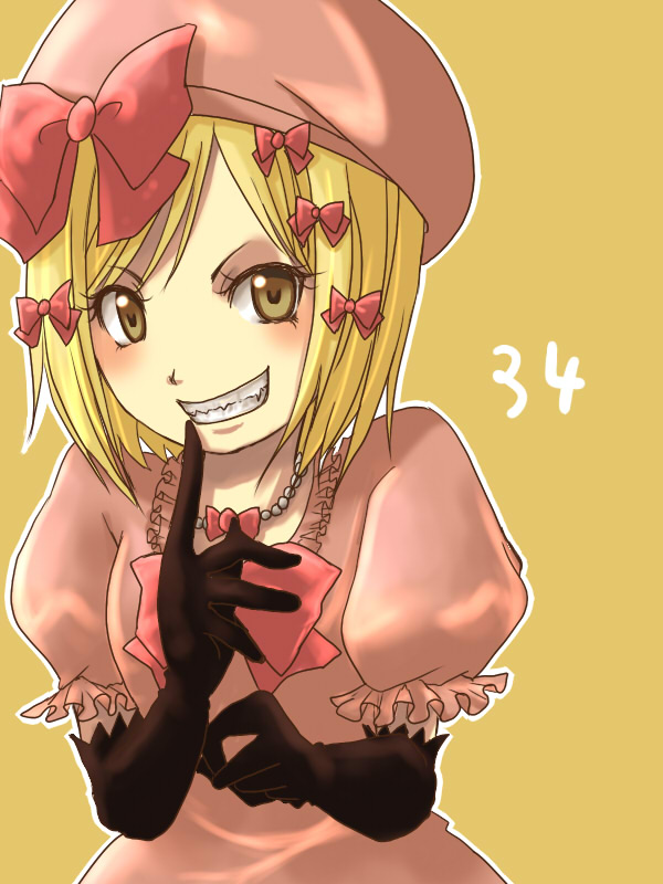 blush, dress, elbow_gloves, gloves, hat, lambdadelta, pink_dress, ribbon