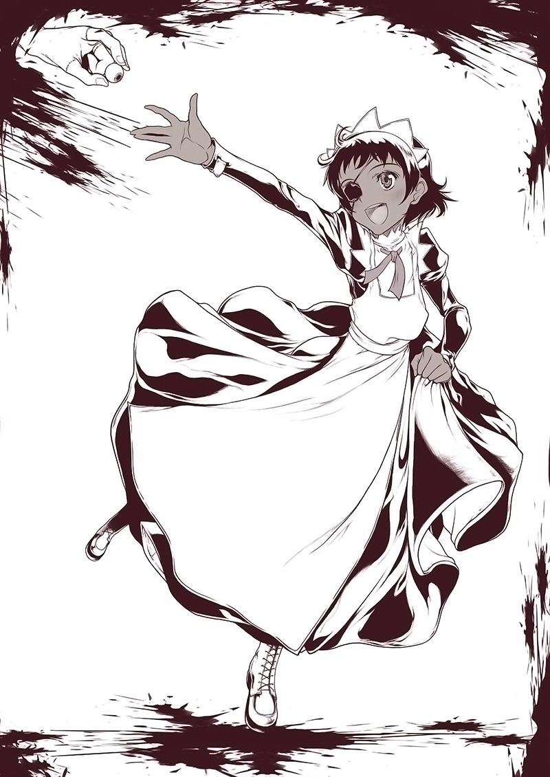 1girl, blood, blood_splatter, commentary_request, elena_(the_voynich_hotel), eyepatch, glass_eye, maid, marie_(bethlehem), monochrome, one_leg_raised, open_mouth, outstretched_arm, short_hair, the_voynich_hotel