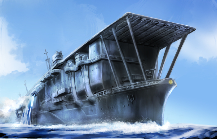 aircraft_carrier, clouds, cloudy_sky, flight_deck, imperial_japanese_navy, ishii_hisao, kaga_(aircraft_carrier), military