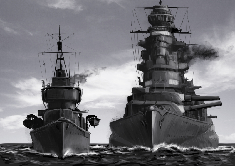 battleship, cannon, clouds, cloudy_sky, commentary_request, destroyer, imperial_japanese_navy, ishii_hisao