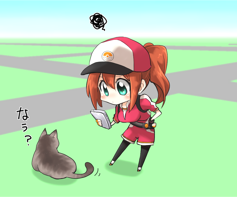 10s, 1girl, animal, baseball_cap, belt, brown_hair, cat, cellphone