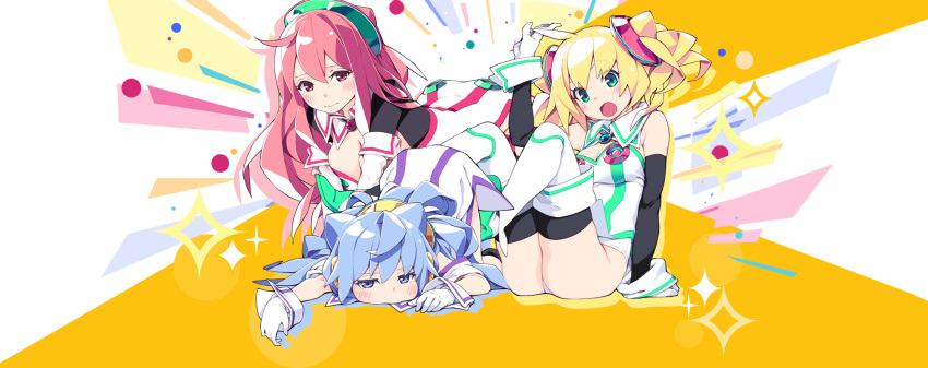 1boy, 2girls, all_fours, blonde_hair, blue_eyes, blue_hair, blush, breasts