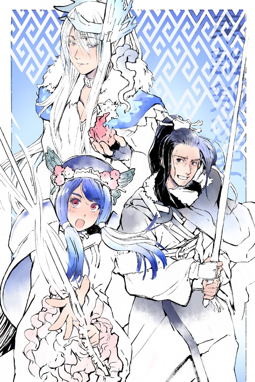1girl, 2boys, black_gloves, black_hair, blue_hair, butterfly_hair_ornament, chinese_clothes, choker