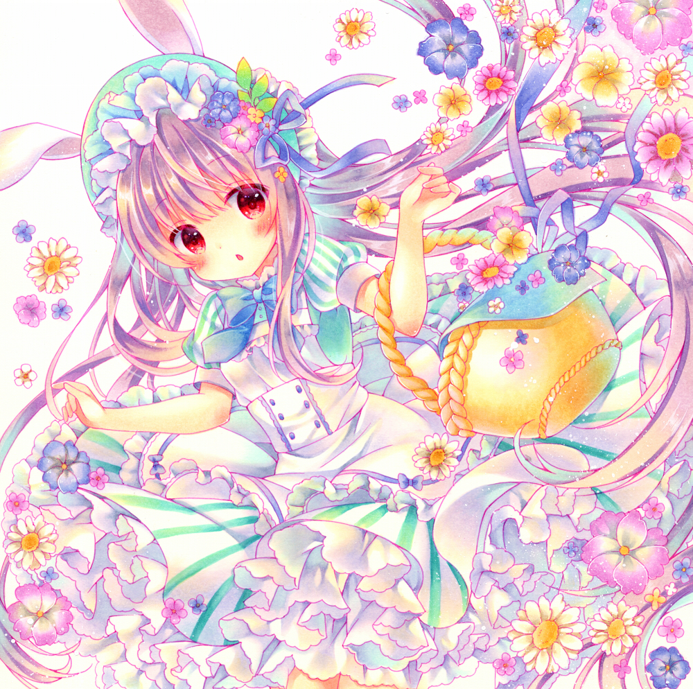 1girl, animal_ears, apron, basket, blue_bow, blue_bowtie, blush, bow