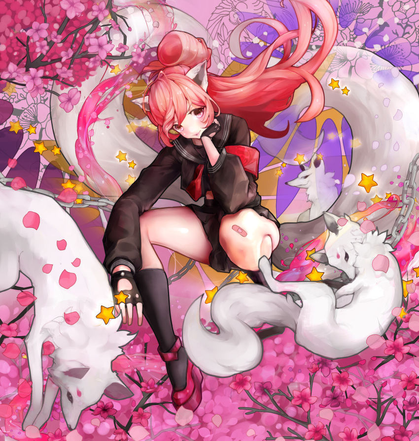 1girl, absurdres, animal, animal_ears, bandaid, bemani, black_gloves, black_legwear, black_skirt, chains, cherry_blossoms, fingerless_gloves, floating_hair, flower, fox, fox_tail, full_body, gloves, hand_on_own_chin, highres, kneehighs, kurara_(id10569606), legs_apart, long_hair, looking_at_viewer, nagisa_(bemani), petals, pink, pink_hair, plant, skirt, squatting, tail, thighs, wind