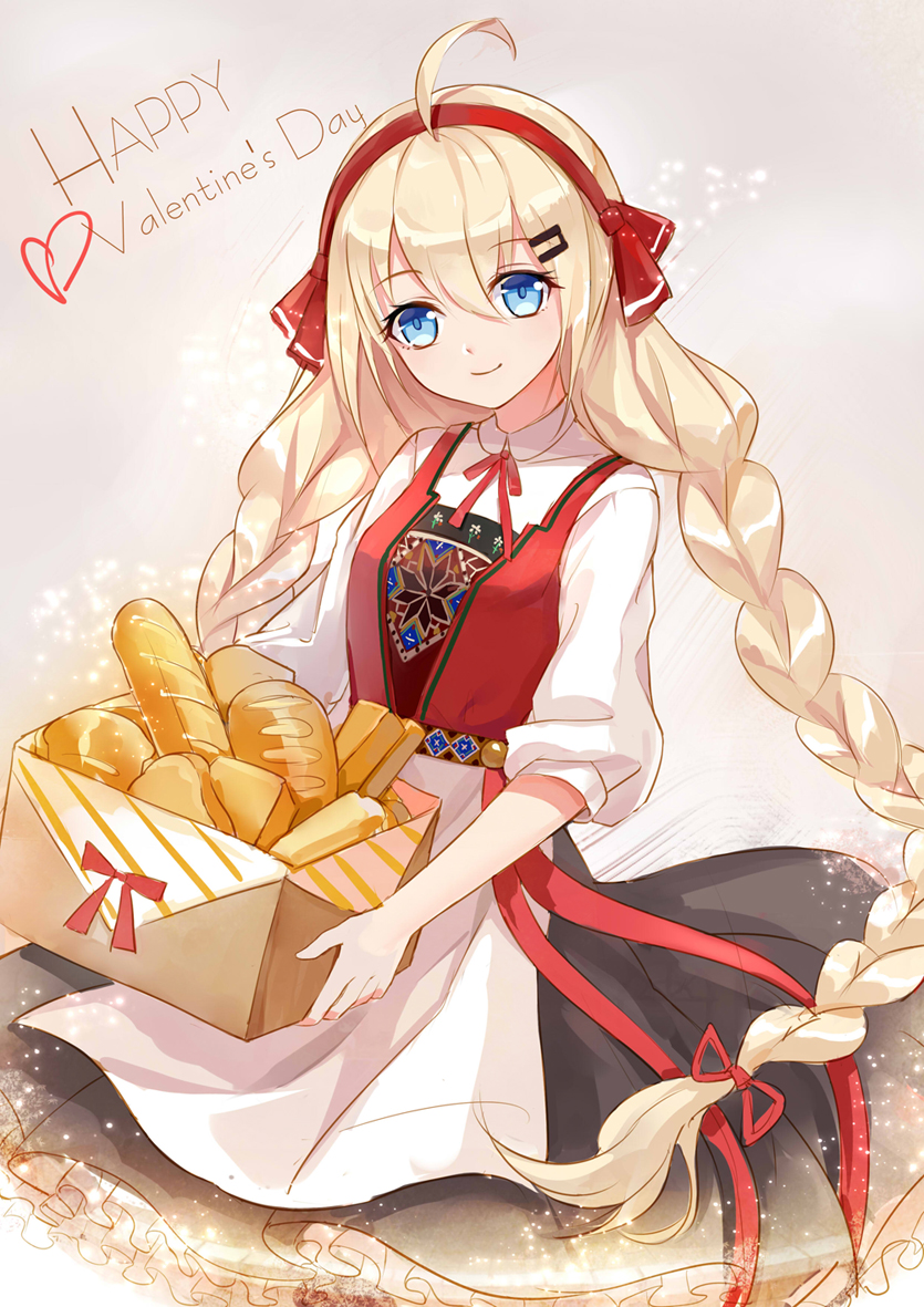 1girl, ahoge, apron, black_dress, blonde_hair, blue_eyes, box, braid, bread, cowboy_shot, dress, european_clothes, food, girls_frontline, hair_ornament, hairband, hairclip, happy_valentine, holding, long_hair, looking_at_viewer, m45_(girls_frontline), pink_background, shirt, smile, solo, tamaxi123, twin_braids, white_shirt