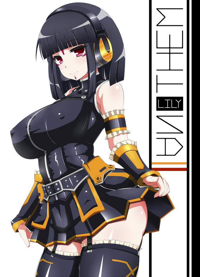 1girl, bare_shoulders, beatmania, beatmania_iidx, black_hair, black_legwear, breasts, detached_sleeves