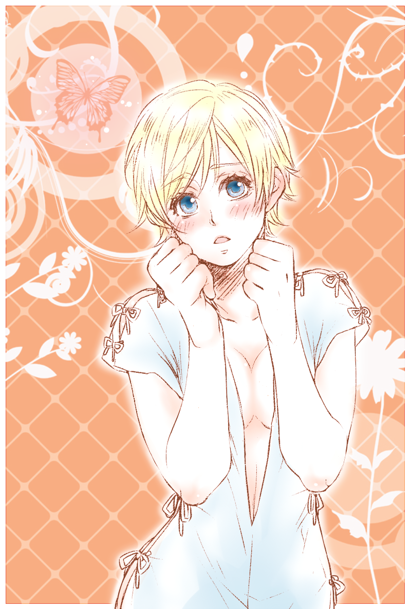 1girl, blonde_hair, blue_eyes, blush, breasts, cleavage, renji, resident_evil, resident_evil_6, sherry_birkin, short_hair, solo