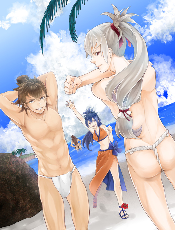 1girl, 3boys, abs, ass, back, beach, blue_hair, brown_eyes
