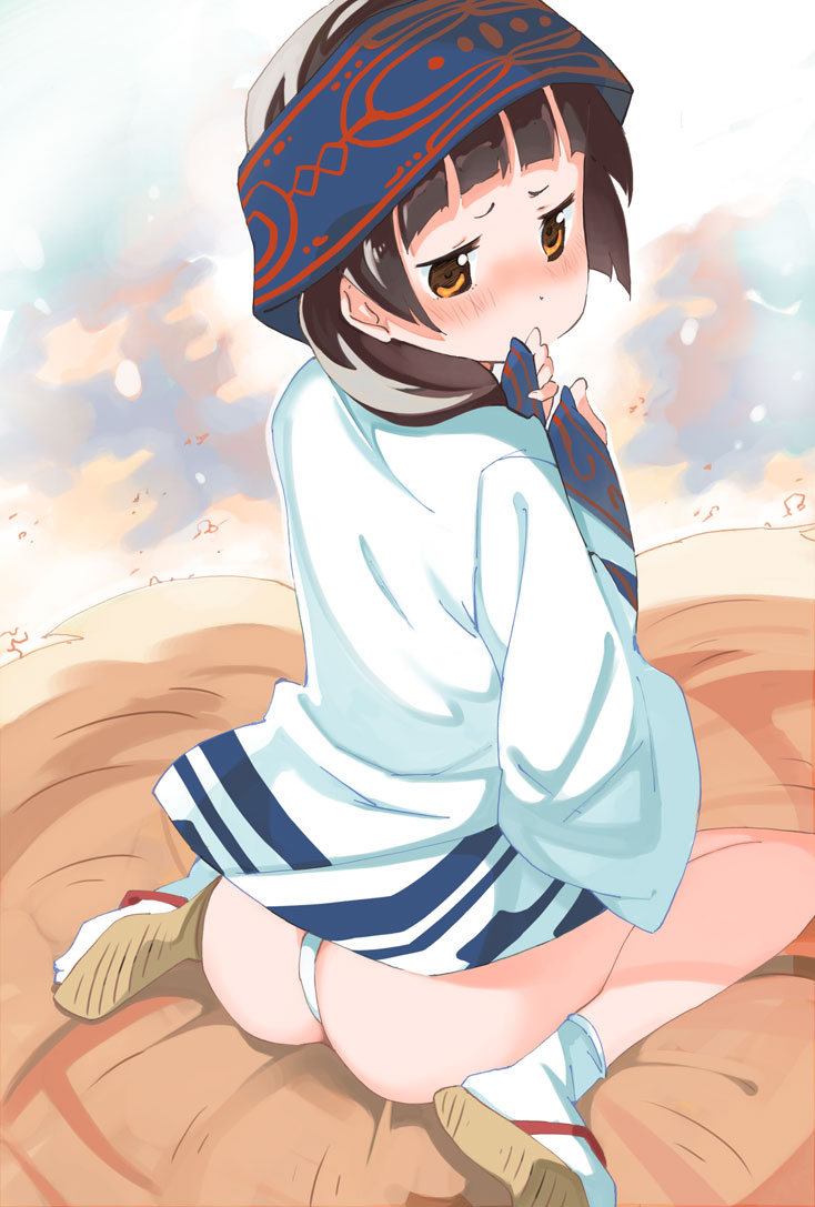 1girl, ainu_clothes, amayadori_machi, ass, bangs, black_hair, blunt_bangs, blush