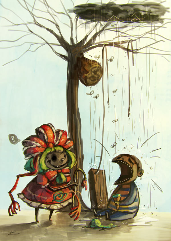 1boy, 1girl, ?, bare_tree, bee, commentary, crying, dress