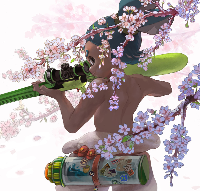 1boy, absurdres, blue_hair, brown_eyes, cherry_blossoms, cowboy_shot, dark_skin, dark_skinned_male