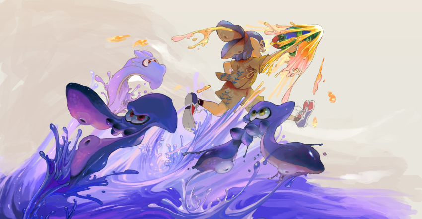 1boy, absurdres, closed_eyes, domino_mask, highres, ink, inkling, jumping, male_focus, mask, minato_(minat0), pointy_ears, ponytail, purple_hair, shoes, shorts, simple_background, smile, sneakers, splatoon, splattershot_pro_(splatoon), squid, tan_background, tentacle_hair