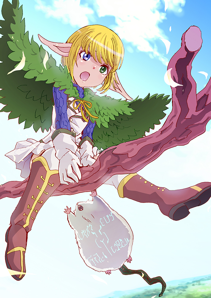 1boy, 1girl, blonde_hair, blue_eyes, boots, cape, clouds, crossdressinging