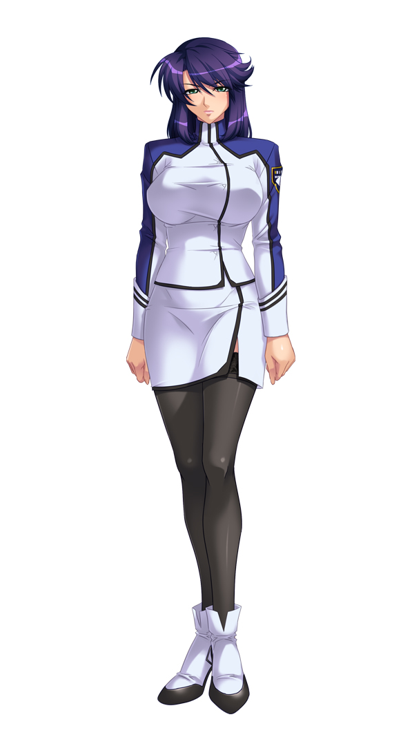 1girl, arms_at_sides, black_legwear, breasts, closed_mouth, female, full_body, green_eyes