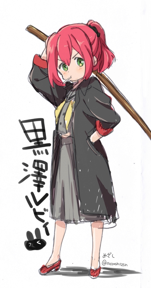 >:t, 1girl, :t, alternate_hairstyle, artist_name, ascot, banchou, bangs