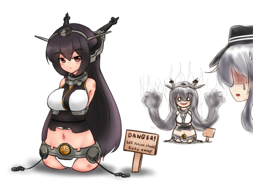 akatsuki_(kantai_collection), amputee, black_hair, breasts, engrish, headgear, highres, kantai_collection, large_breasts, long_hair, mikey_sukairain, miniskirt, multiple_girls, nagato_(kantai_collection), o_o, pleated_skirt, prehensile_hair, quadruple_amputee, ranguage, red_eyes, sign, skirt
