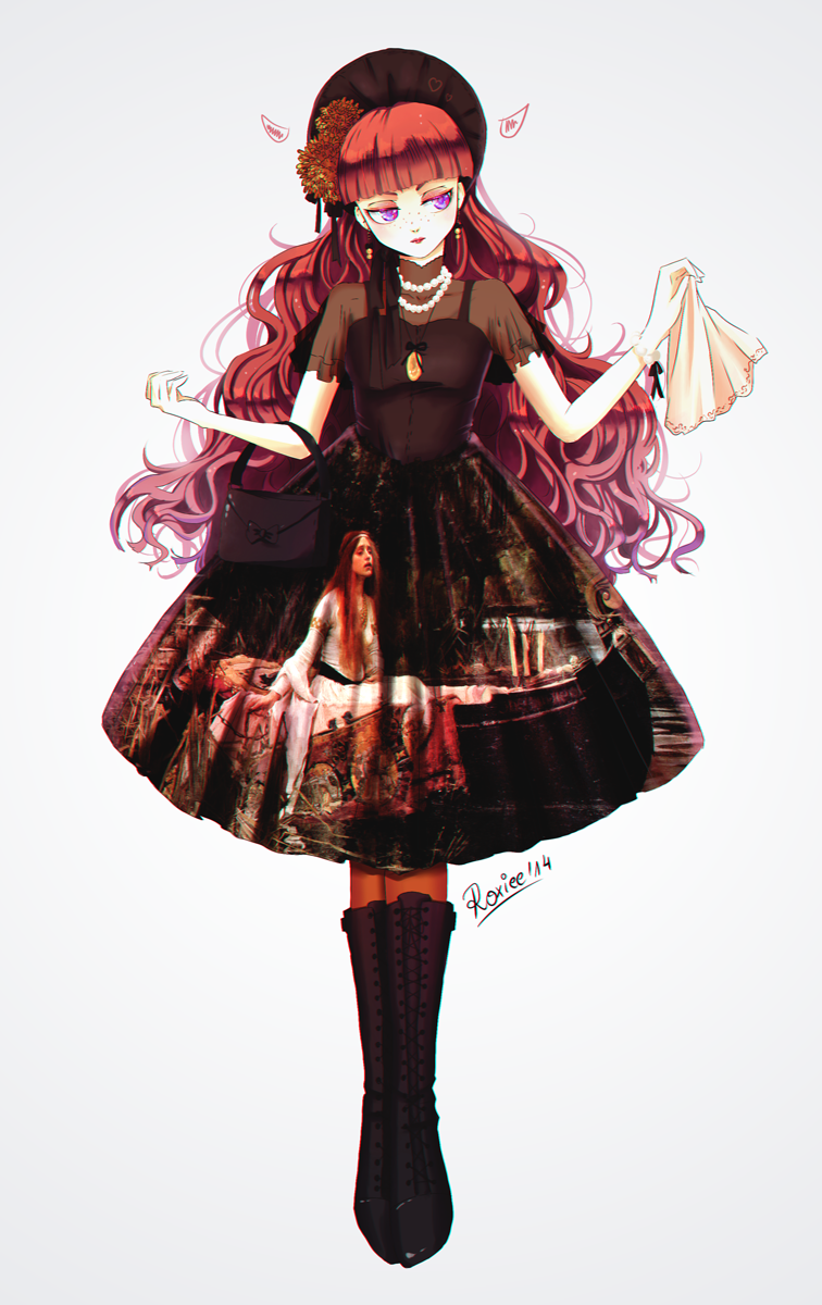 1girl, bag, bonnet, curly_hair, dress, flower, hair_flower, hair_ornament, highres, jewelry, long_hair, necklace, original, red_eyes, roxiee-chan, violet_eyes