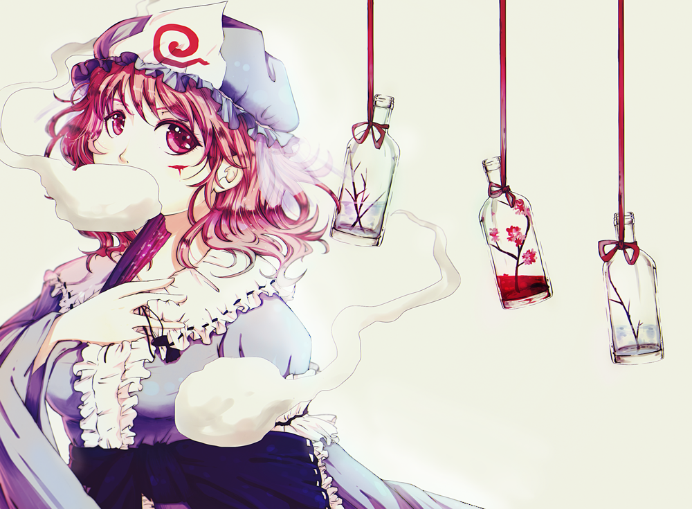 1girl, bottle, cherry_blossoms, covering_mouth, curly_hair, ghost, hat, japanese_clothes