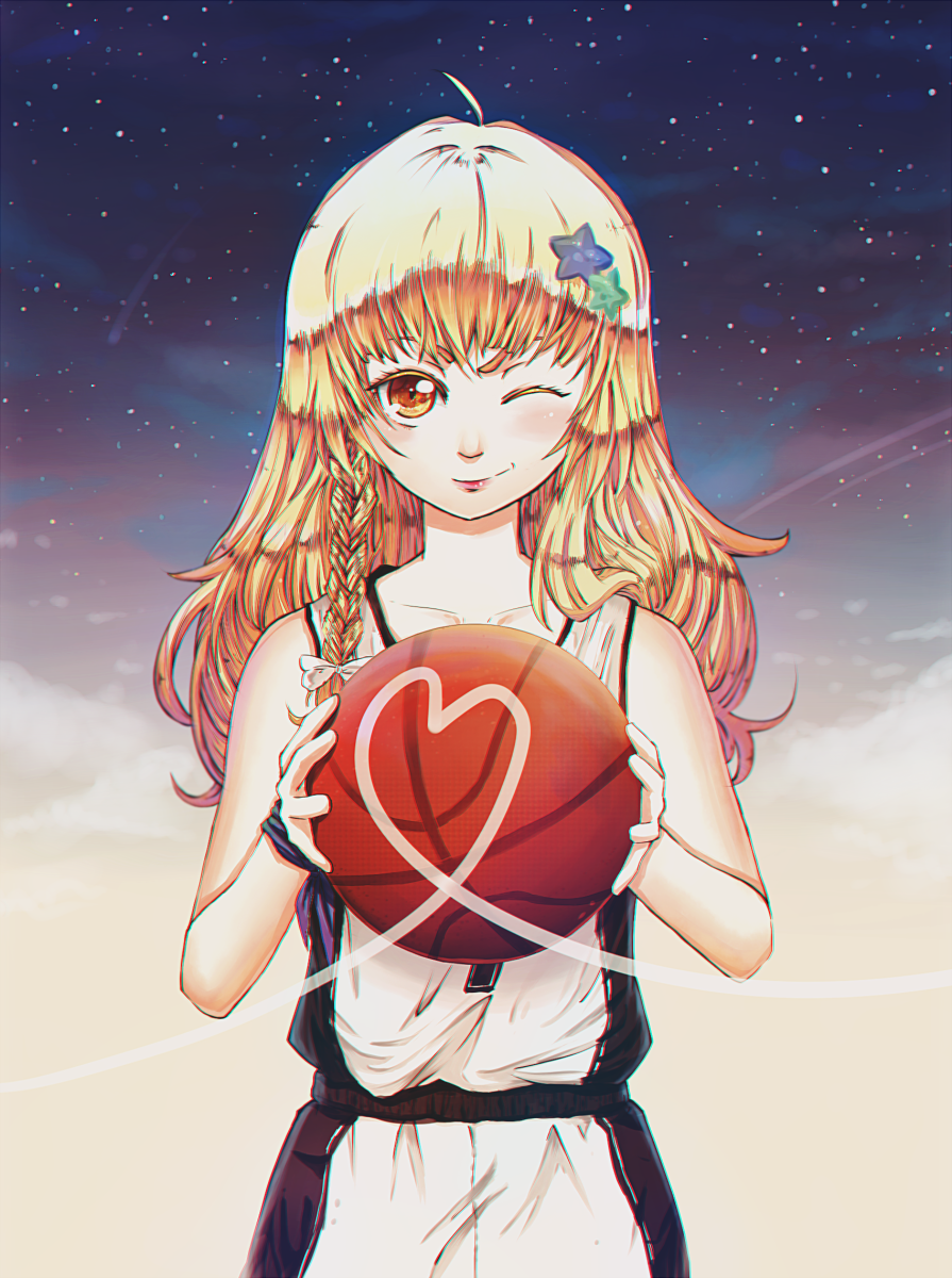 1girl, basketball, basketball_uniform, blonde_hair, braid, breasts, cleavage, curly_hair