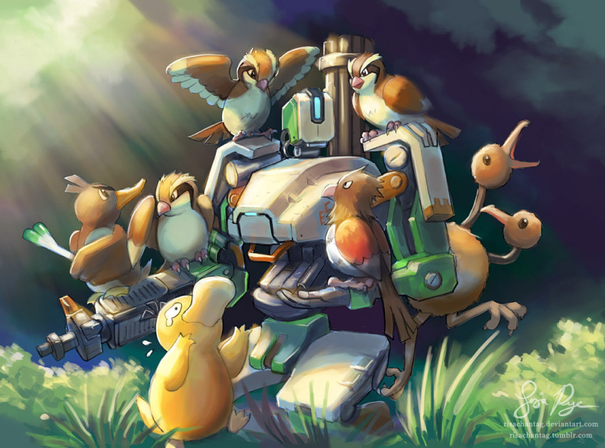 bastion_(overwatch), bush, chain_gun, crossover, doduo, farfetch'd, gatling_gun, grass