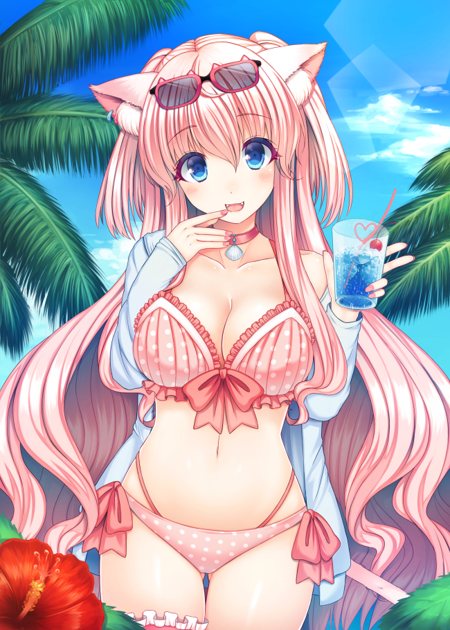 1girl, animal_ears, bikini, blue_eyes, blush, breasts, cat_ears, cleavage