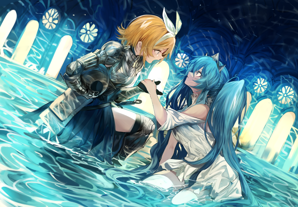2girls, aqua_hair, armor, blonde_hair, dutch_angle, eye_contact, hatsune_miku, kagamine_rin