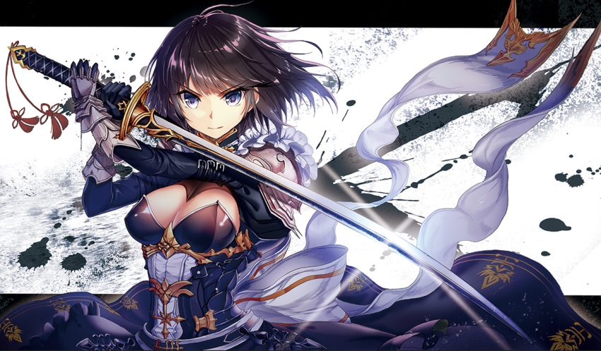 1girl, akabane_(zebrasmise), armor, black_eyes, black_hair, bow, breasts, erika_(shadowverse)